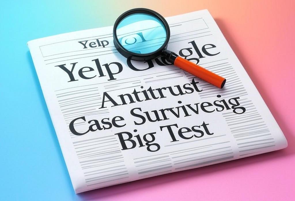 A newspaper and a magnifying glass with a vivid gradient background exploring the topic of Yelp vs Google antitrust case survives its first big test! Google failed to get it tossed. See why this major legal fight is far from over.